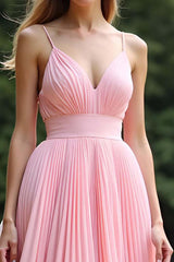 Pink Wedding Guest Dress V-Neck A Line Ruched Long Formal Dress