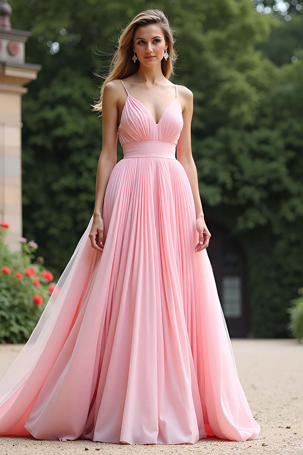 Pink Wedding Guest Dress V-Neck A Line Ruched Long Formal Dress