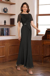 Pleated A Line Mother of the Bride & Groom Dress with Scoop Neck Half Sleeves and Beadings