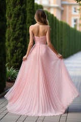 Pleated Sweetheart A Line Pink Wedding Guest Dress Long Formal Dress