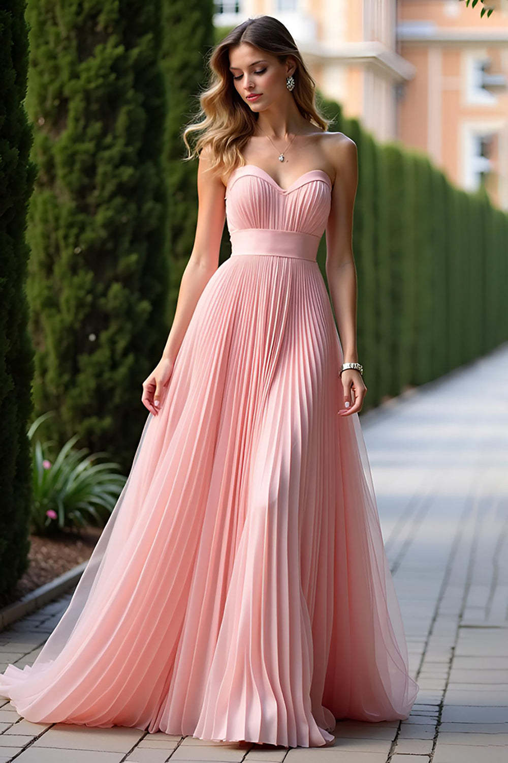 Pleated Sweetheart A Line Pink Wedding Guest Dress Long Formal Dress