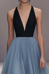 Pleated Tulle V Neck Black Blue Wedding Guest Dress Long Formal Dress
