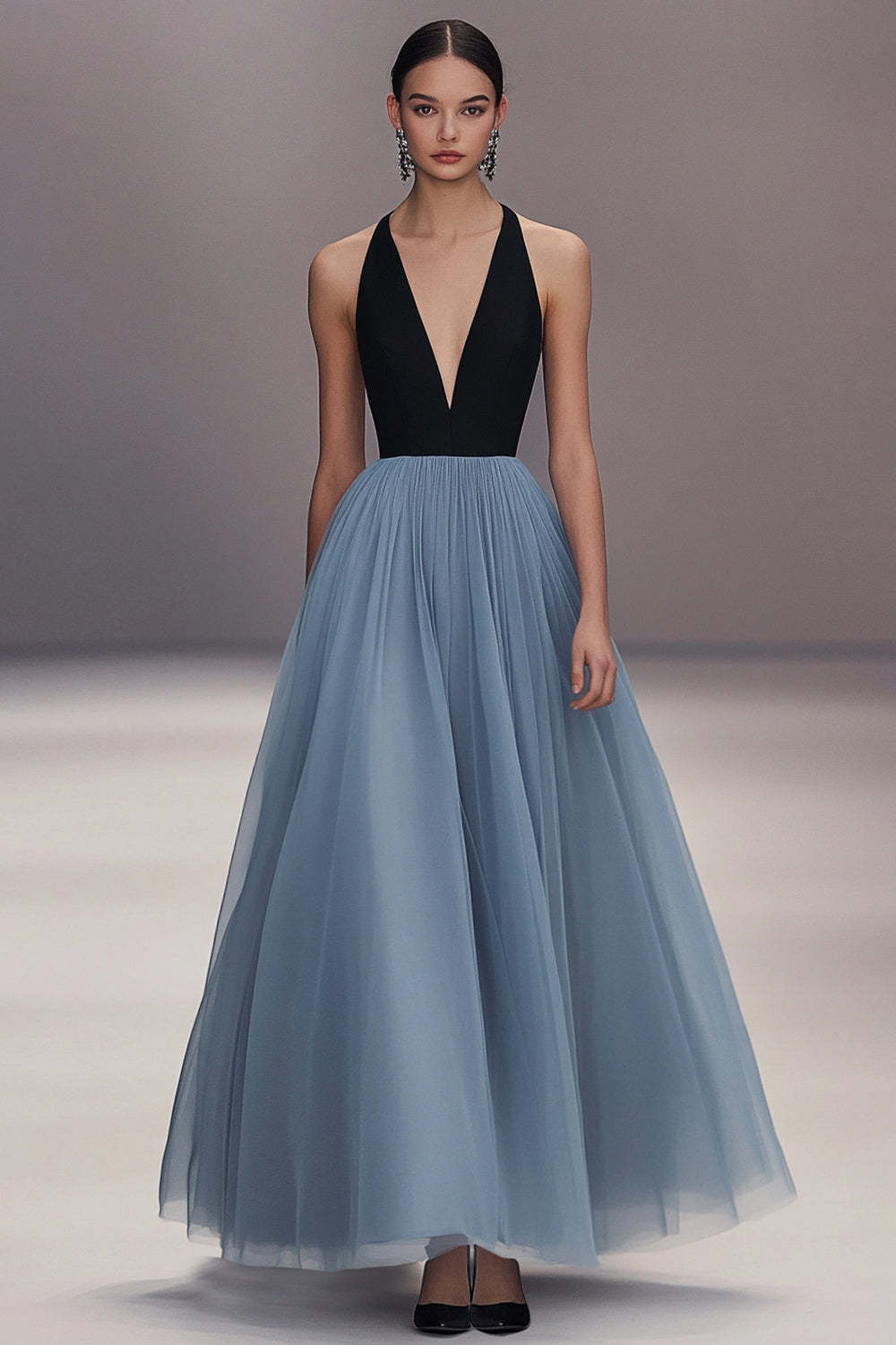 Suzhoufashion Pleated Tulle V Neck Black Blue Wedding Guest Dress Long Formal Dress Suzhoufashion Pleated Tulle V Neck Black Blue Wedding Guest Dress Long Formal Dress