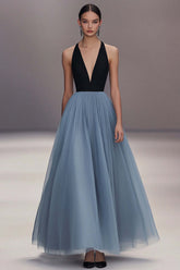 Pleated Tulle V Neck Black Blue Wedding Guest Dress Long Formal Dress