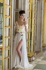 Plunging Neck Long Sleeve Summer Beach Wedding Dress Chiffon Split Beach Bridal Gowns