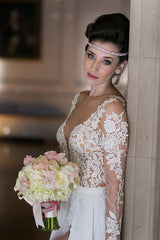 Plunging Neck Long Sleeve Summer Beach Wedding Dress Chiffon Split Beach Bridal Gowns