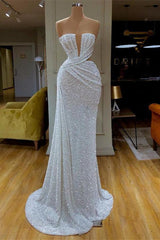 Plunging V-neck Sparkle White Sequined Strapless Evening Prom Dresses