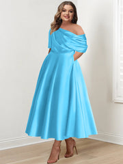 Plus Size A Line Ankle Length One Shoulder Mother of the Bride Dress with Ruffles and Half Sleeves