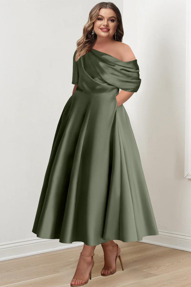 Plus Size A Line Ankle Length One Shoulder Mother of the Bride Dress with Ruffles and Half Sleeves