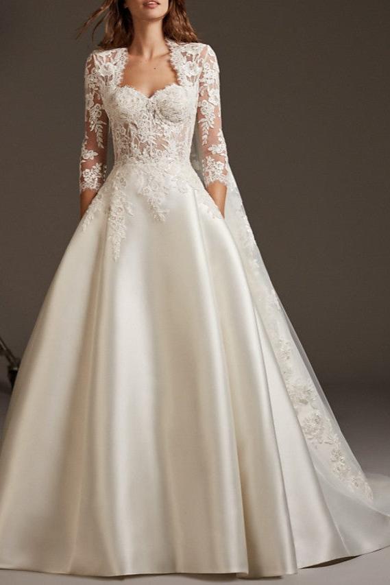 Plus Size Ball Gown Wedding Dress Sweetheart Lace Satin 3/4 Length Sleeve Bridal Gowns with Sweep Train
