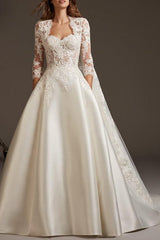 Plus Size Ball Gown Wedding Dress Sweetheart Lace Satin 3/4 Length Sleeve Bridal Gowns with Sweep Train