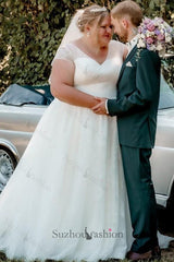 Plus Size Beach Wedding Dress V Neck Cap Sleeve A Line Bridal Gown with Lace