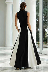 Suzhoufashion Plus Size Black And White A-Line High Neck Long Satin Prom Dress