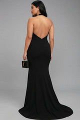 Suzhoufashion Plus Size Black Mermaid Halter Long Prom Dress With Slit