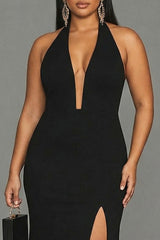 Suzhoufashion Plus Size Black Mermaid Halter Long Prom Dress With Slit