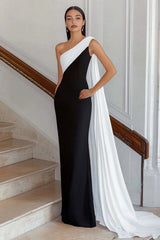 Suzhoufashion Plus Size Black White Sheath One Shoulder Long Satin Prom Dress With Side Cape