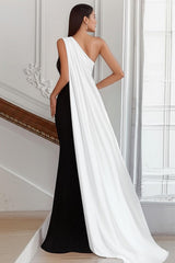 Suzhoufashion Plus Size Black White Sheath One Shoulder Long Satin Prom Dress With Side Cape