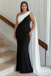 Suzhoufashion Plus Size Black White Sheath One Shoulder Long Satin Prom Dress With Side Cape