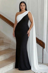 Suzhoufashion Plus Size Black White Sheath One Shoulder Long Satin Prom Dress With Side Cape