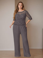 Plus Size Long Chiffon Pantsuits With Jacket 3 Piece Set Scoop Neck & Long Sleeves