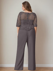 Plus Size Long Chiffon Pantsuits With Jacket 3 Piece Set Scoop Neck & Long Sleeves