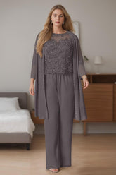 Plus Size Long Chiffon Pantsuits With Jacket 3 Piece Set Scoop Neck & Long Sleeves