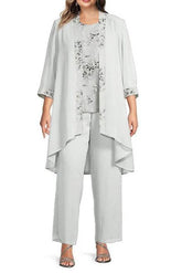 Plus Size Long Chiffon Pantsuits for the Mother of the Bride with Round Neck and Jacket