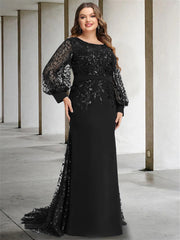 Plus Size Long Mermaid Trumpet Mother of the Bride Dress with Scoop Neck and Long Sequined Sleeves
