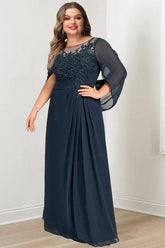 Plus Size Long Mother of the Bride A Line Dress with Scoop Neckline Pleats and Sequins