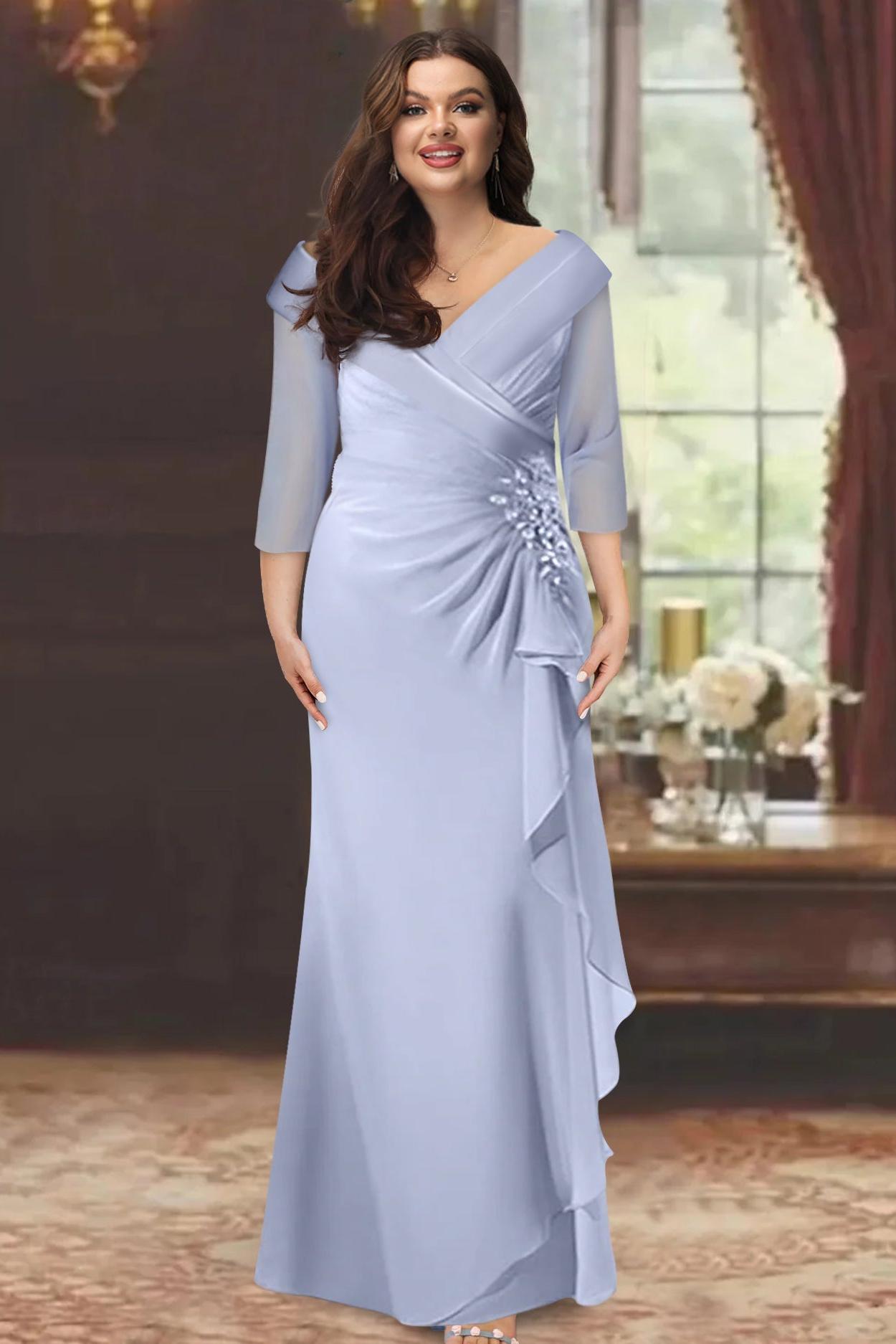 Plus Size Long V Neck Sheath Mother of the Bride Dress with Ruffles and Appliques