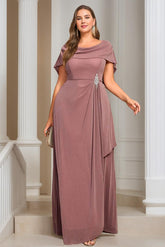 Plus Size Long Mother of the Bride A Line Dress with Scoop Neck Short Sleeves Ruffles & Sequins