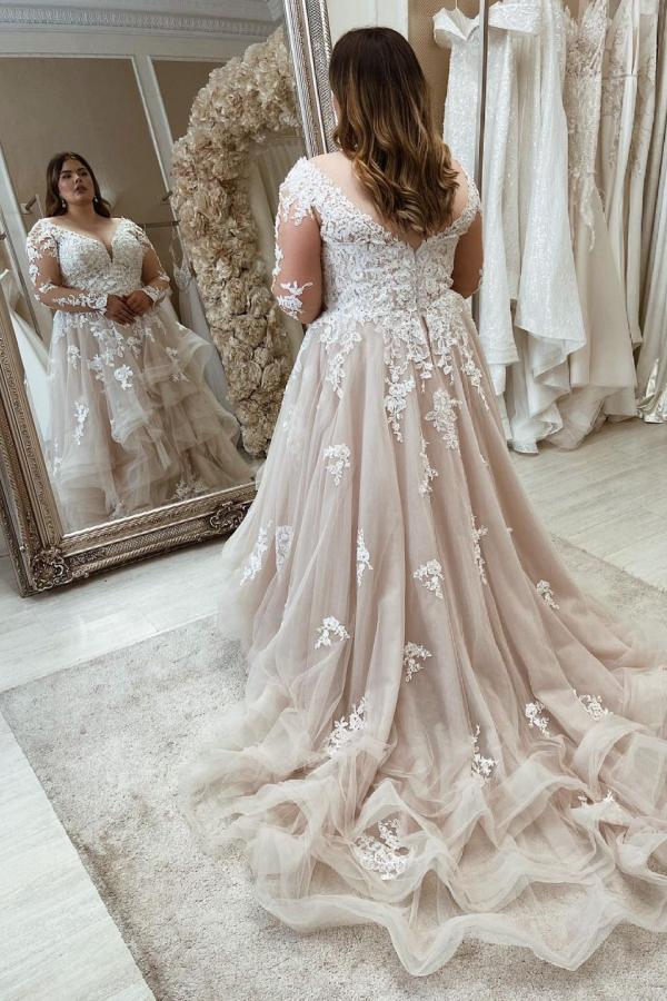 Long Plus Size Sweetheart Wedding Dresses A-Line With Lace Sleeves Same as Picture-US2 Long Plus Size Sweetheart Wedding Dresses A-Line With Lace Sleeves Same as Picture-US2