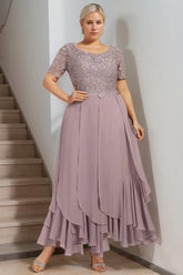 Plus Size Mother of the Bride A Line Dress with Round Neck Short Sleeves and Cascading Ruffles