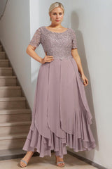 Plus Size Mother of the Bride A Line Dress with Round Neck Short Sleeves and Cascading Ruffles