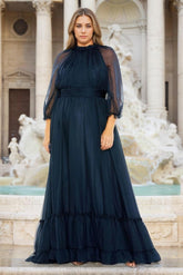 Plus Size Mother of the Bride A Line Halter Dress with 3/4 Sleeves and Ruffles Long