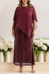 Plus Size Sequined A Line Mother of the Bride Dress with Scoop Neck and Half Sleeves