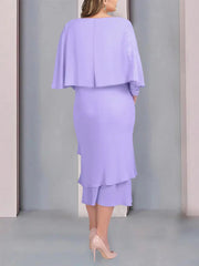 Plus Size Tea Length Mother of the Bride Dress with Scoop Neck Short Sleeves and Lace Appliques