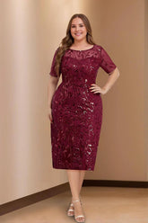 Plus Size Tea Length Mother of the Bride Dress with Scoop Neck and Half Sleeves