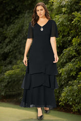 Plus Size V Neck A Line Ankle Length Mother Of The Bride Groom Dress with Sequins and Ruffles