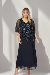 Plus Size V Neck A Line Ankle Length Mother of the Bride Dress with Asymmetrical Cape Popover and Half Sleeves