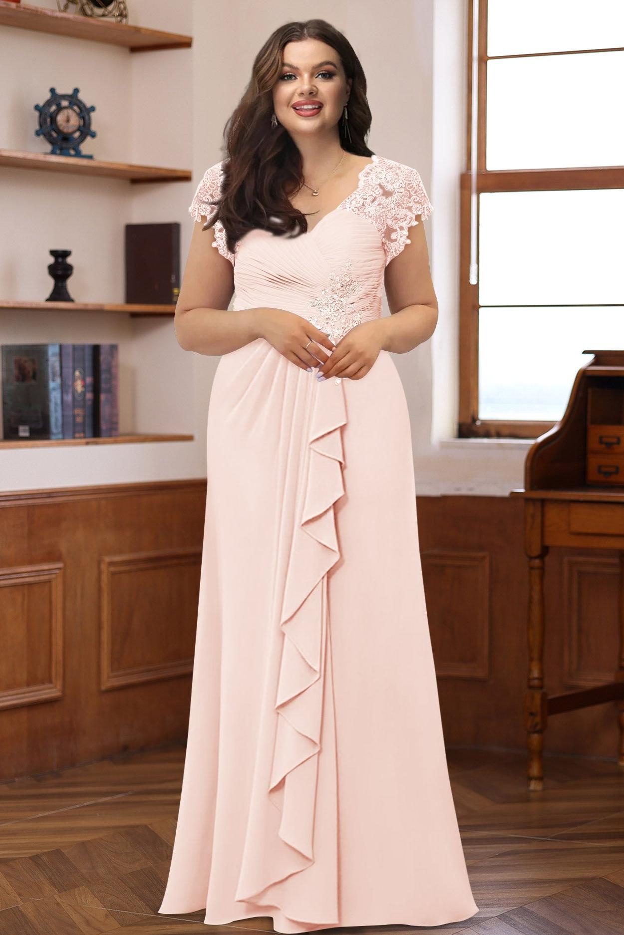 Plus Size V Neck A Line Dress with Short Sleeves Ruffles and Appliques for Mothers of the Bride & Groom