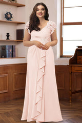 Plus Size V Neck A Line Dress with Short Sleeves Ruffles and Appliques for Mothers of the Bride & Groom