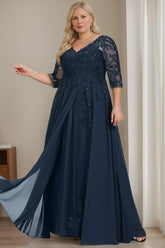 Plus Size V Neck A Line Long Mother of the Bride Dress with Half Sleeves and Sequins