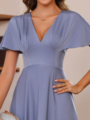 Plus Size V Neck Short Sleeves A Line Long Mother of the Bride Dress with Ruffles