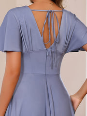 Plus Size V Neck Short Sleeves A Line Long Mother of the Bride Dress with Ruffles