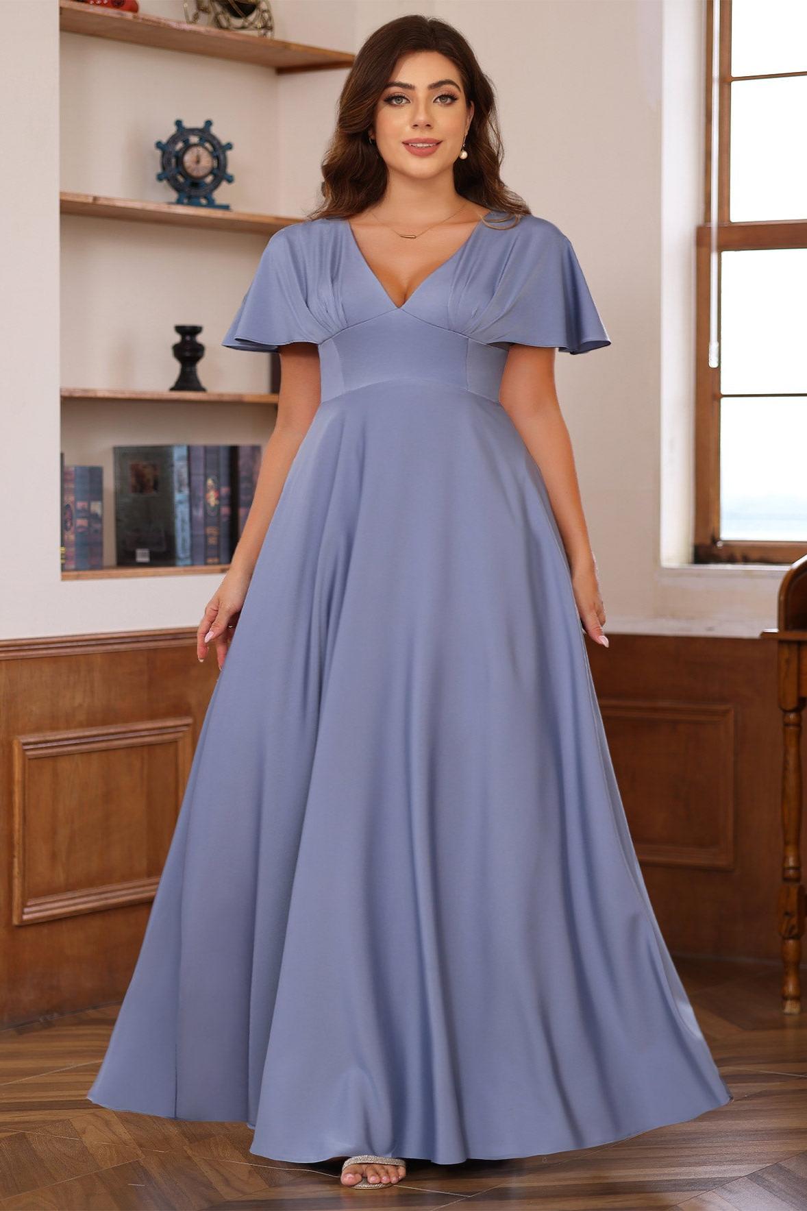 Plus Size V Neck Short Sleeves A Line Long Mother of the Bride Dress with Ruffles