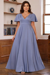 Plus Size V Neck Short Sleeves A Line Long Mother of the Bride Dress with Ruffles
