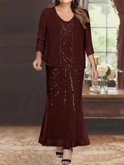 Plus Size V Neck Ankle Length Sheath Column Mother of the Bride Dress with Sequins & Jacket