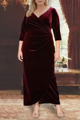 Plus Size V Neck A Line Mother of the Bride Dress with 3/4 Sleeves and Asymmetrical Ruffles