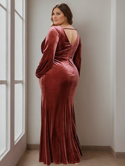 Plus Size Velvet Mother of the Bride A Line Dress with V Neck Long Sleeves and Ruffles